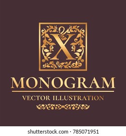 Vector Luxury Monogram "X" Logo Design Template. Vintage Royal Golden Ornament Frame Label For Fashion Boutiques, Alcohol Brands, Hotels, Wedding Invitations, Banners, Packaging