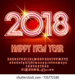 Vector luxury neon Happy New Year 2018 Greeting Card with Alphabet set of Letters, Symbols and Numbers. Neon Font contains Graphic Style