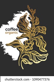 Vector luxury package template. Art deco design, banner, card. Realistic branch of golden coffee tree, leaf, bean, grain Tropical logo Organic food, drink Botanical illustration, premium trendy label 