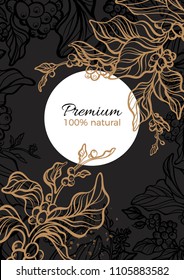 Vector luxury package template. Art deco design, banner, nature card. Realistic branch of golden coffee tree, leaves, bean, grain Tropical background Organic drink Botanical illustration, premium food