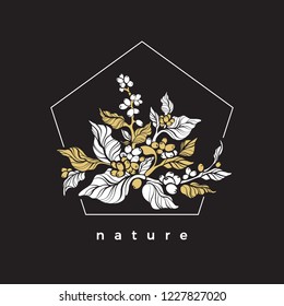 Vektor Luxus-Paket-Vorlage, Einladung mit eleganten goldenen Kaffee Ast, Blätter, Bohne, Getreide. Art Deco Design, Naturkarte, geometrischer Biorahmen. Organische Flora. Botanischer Bouquet, Premium-Label

