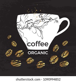 Vector luxury package template. Shape of coffee cup, branch, gold bean, leaf on black background. Engraving sketch texture design. Simple sticker. Nature organic card. Fresh hot drink, natural food