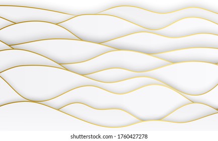 Vector luxury paper cut wavy background. 3d abstract decoration, golden pattern, halftone gradients. White waves cover template, modern minimal banner, geometric shapes.