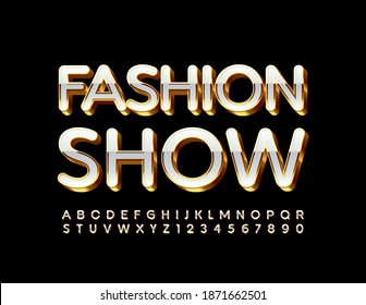 Vector luxury poster Fashion Show. 3D White and Gold Font. Chic Alphabet Letters and Numbers set