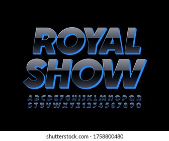 Cartel de lujo vectorial Royal Show con fuente 3D en negro y azul. Letras y números alfabetos creativos modernos