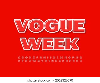 Vector Luxus Poster Vogue Week. Roter Glossy Font. Moderne Alphabet-Buchstaben und -Zahlen