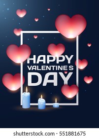 Vector luxury premium template for valentines day with white frame, sky lantern in shape of heart, candles on blue background. Elegant decoration design for cover, poster, flyer, greeting card.