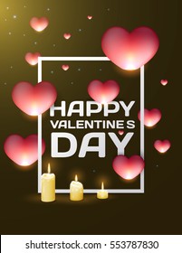 Vector luxury premium template for valentines day with white frame, sky lantern in shape of heart, candles on golden background. Elegant decoration design for cover, poster, flyer, greeting card.