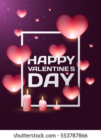 Vector luxury premium template for valentines day with white frame, sky lantern in shape of heart, candles on red background. Elegant decoration design for cover, poster, flyer, greeting card.
