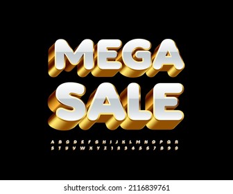 Vector luxury promo Mega Sale. 3D fashionable Font. White and Gold Alphabet Letters and Numbers set