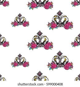 Vector luxury queen crown seamless pattern background. Fashion illustration, patch, sticker. 