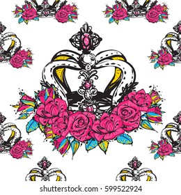 Vector luxury queen crown seamless pattern background. Fashion illustration, patch, sticker. 