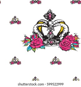 Vector luxury queen crown seamless pattern background. Fashion illustration, patch, sticker. 