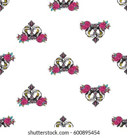 Vector luxury queen crown seamless pattern background. Fashion illustration, patch, sticker. 