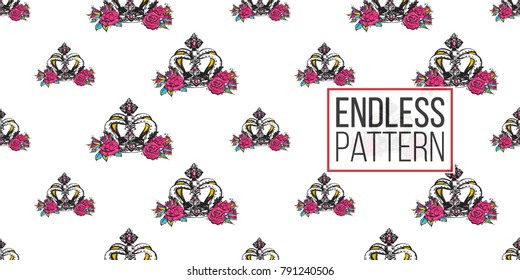 Vector luxury queen crown seamless pattern background. Fashion illustration, patch, sticker. 