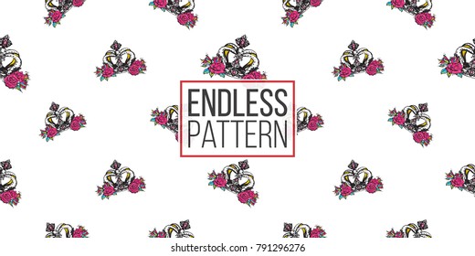 Vector luxury queen crown seamless pattern background. Fashion illustration, patch, sticker. 