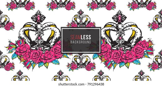 Vector luxury queen crown seamless pattern background. Fashion illustration, patch, sticker. 