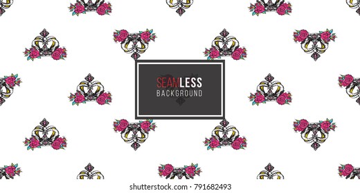 Vector luxury queen crown seamless pattern background. Fashion illustration, patch, sticker. 