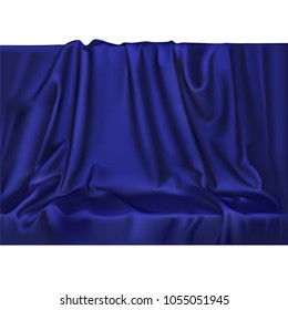 Vector luxury realistic blue silk satin drape textile background. Elegant fabric shiny smooth material with waves. 