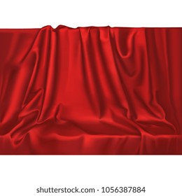 Vector luxury realistic red silk satin drape textile background. Elegant fabric shiny smooth material with waves. 