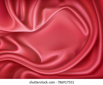 Vector luxury realistic red silk, satin drape textile background. Elegant fabric shiny smooth material with waves. Illustration for celebration, ceremony or event invitation card, symbol of elegance