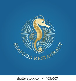 Vector luxury rich logotype. Illustration of golden seahorse with sun rays around it at blue gradient background. Great logo for sea restaurant, jewelry, cosmetics