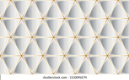 Vector Luxury Seamless Pattern. 3D Effect Bulging Shape. Triangle Shape with Thin Gold Stroke