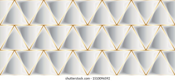 Vector Luxury Seamless Pattern. 3D Effect Bulging Shape. Triangle Shape with Thin Gold Stroke