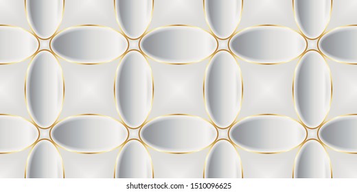 Vector Luxury Seamless Pattern. 3D Effect Bulging Shape. Ellipse Shape with Thin Gold Stroke