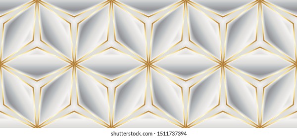Vector Luxury Seamless Pattern. 3D Effect Bulging Shape. Diamond Shape with Thin Gold Stroke