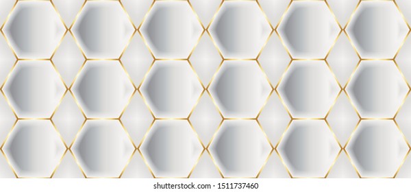 Vector Luxury Seamless Pattern. 3D Effect Bulging Shape. Hexagon Shape with Thin Gold Stroke