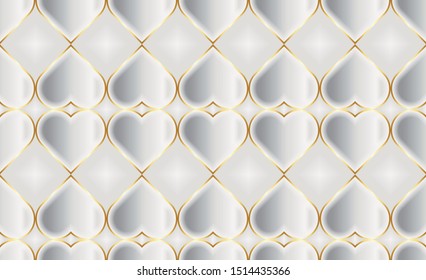 Vector Luxury Seamless Pattern. 3D Effect Bulging Shape. Heart (Love) Shape with Thin Gold Stroke