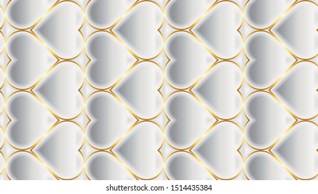 Vector Luxury Seamless Pattern. 3D Effect Bulging Shape. Heart (Love) Shape with Thin Gold Stroke