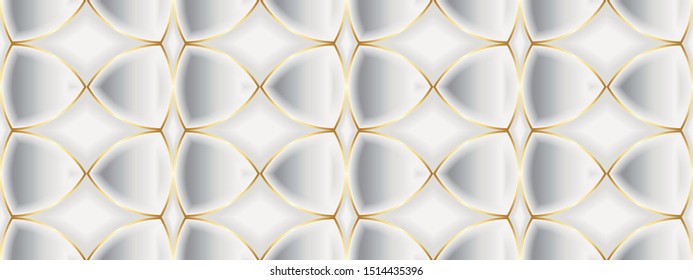 Vector Luxury Seamless Pattern. 3D Effect Bulging Shape. Reuleaux Triangle Shape with Thin Gold Stroke