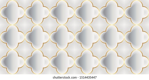 Vector Luxury Seamless Pattern. 3D Effect Bulging Shape. Quatrefoil Shape with Thin Gold Stroke