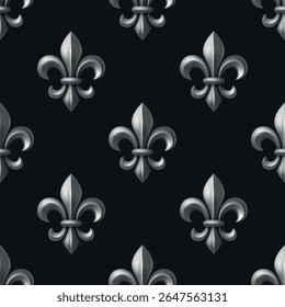 Vetor luxo sem emenda padrão com 3d prata flor-de-lis no fundo preto. Símbolo Heráldico Real de Metal. Papel de parede Fleur-de-Lis, tecido, papel digital. Ornamento Francês Vintage