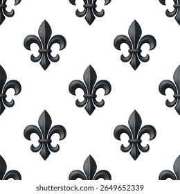 Vetor luxo sem emenda padrão com 3d preto flor-de-lis no fundo branco. Símbolo Heráldico Real de Metal. Papel de parede Fleur-de-Lis, tecido, papel digital. Ornamento Francês Vintage
