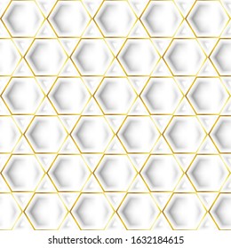 Vector Luxury Seamless Pattern Hexagon Shape . Effect golden light and shadow bulging shape .  3D realistic with thin gold stroke