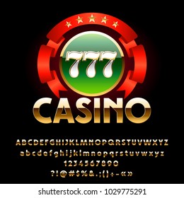 Vector luxury shiny Casino Emblem with Red Ribbon. Set of royal Golden Alphabet Letters, Numbers and Symbols