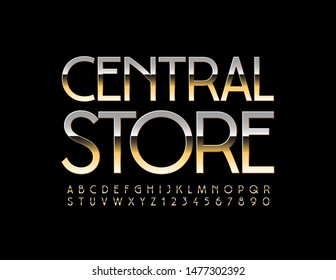 Vector luxury Sign Central Store. Elegant stylish Font. Golden set of Alphabet Letters, Numbers and Symbols.