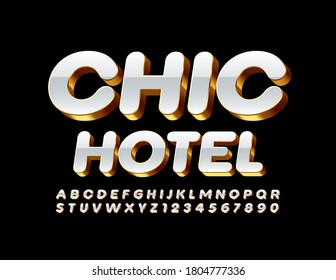 Vector luxury sign Chic Hotel. White and Gold 3D Font. Premium glossy Alphabet Letters and Numbers