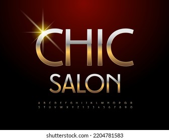 Señal de lujo vectorial Chic Salon.  Delgado Chic Golden Font. Juego de letras y números de alfabeto premium