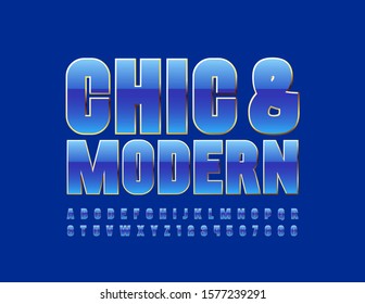 Vector Luxus Sign Chic & Modern. Blue stylish Font. Glossy Alphabet Letters and Numbers