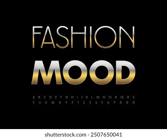 Vector luxury sign Fashion Mood. Stylish Gold Font. Chic Slim Alphabet Letters and Numbers set.