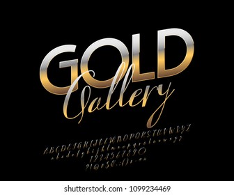 Vector Luxury Sign Gold Gallery. Chic glossy Font. Golden Alphabet Letters, Numbers and Punctuation Symbols