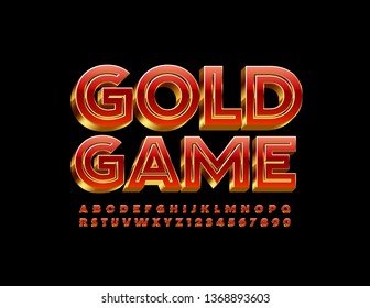 Vector luxury sign Gold Game with red Alphabet Letters and Number. Uppercase rich Font