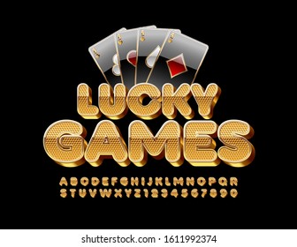 Vector Luxury Sign Lucky Games. Chic Gold 3D Font. Stylish Alphabet Letters And Numbers.