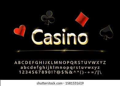 Vector luxury Sign White Casino. Chic Rich Font. Glossy Black and Golden Alphabet Letters, Numbers and Symbols for slot machines, bonus, scatter, jackpot, big win, slots features or online casino.