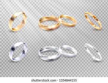 Vector luxury silver and gold wedding, marriage rings isolated on transparent checkered background. Golden ring to wedding, illustration of silver luxury rings.