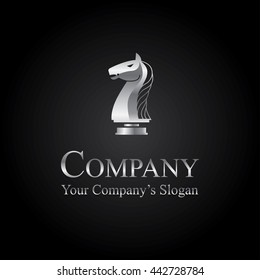 Vector luxury silver logotype for serious company Chess horse at black gradient background Elegant logo for lawyer jurist financial consulting For web printing identity Symbol of power strength mind